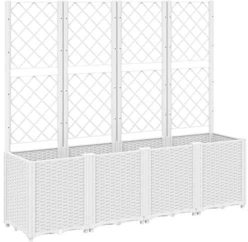 vidaXL Jardinière avec Treillis, Lit Surélevé de Jardin, Pot de Fleurs, Bac à Plantes, Boîte de Plantation Patio Terrasse Extérieur, Blanc PP