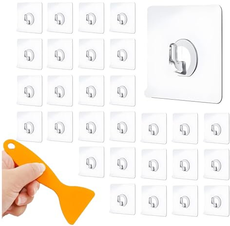 Puedno 30 Stück Magischer Haken mit Schaber, Transparent Magischer Haken, Selbstklebend Klebehaken, Wasserdicht Wandhaken Ohne Bohren für Küche Bad Türwand