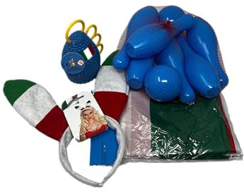 Kit Del Tifoso FORZA AZZURRI Bandiera Italia 90x140 + Maracas Azzurra + Set Bowling + Cerchietto Coniglietta Tricolore
