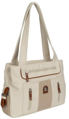 EAAKIE Damen Tasche, Schultertasche, Handtasche, Umhängetasche mit Leder Optik und vielen Fächern (BEIGE-TAN)