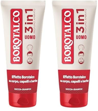 Borotalco, Doccia-shampoo UOMO 3in1 Corpo, Capelli e Barba profumo Ambrato - Corpo, Capelli e Barba Puliti, Morbidi e Profumati, Dermatologicamente Testato - 200 ml (Confezione da 2)