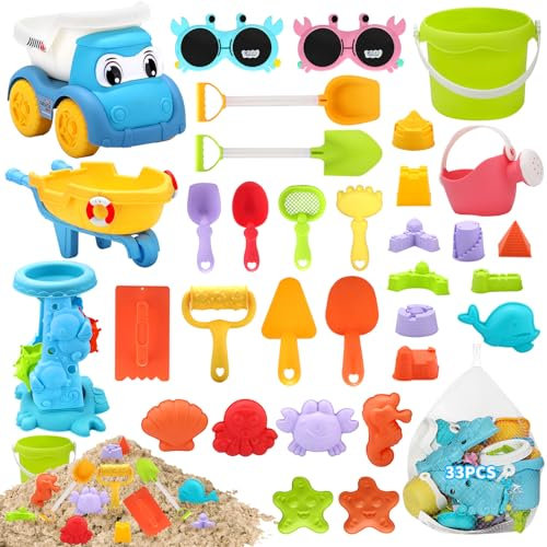 KIMIGO 33 Sandspielzeug,Sandkasten Strand Spielzeug,Kinder Sandkasten Spielzeug mit Eimer,Sandförmchen,Sandschaufel,Netzbeutel,2 Krabben-Sonnenbrille,Ideal für Kinder zum Spielen am Strand