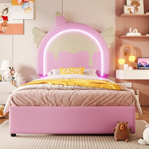 Merax Lit enfant 90 x 200 cm, rembourré, pour fille, lit simple, avec tête de lit en forme de licorne, 16 couleurs de bandes LED, en cuir PU, cadre de lit avec sommier à lattes et 2 tiroirs (sans