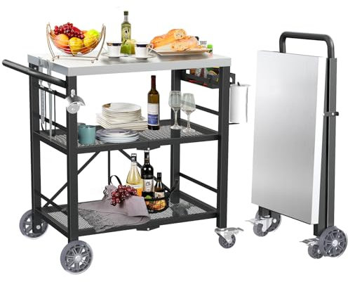 Folding Grill Table with Storage Rack, Stainless Steel Outdoor BBQ Cart, 3 Shelf Portable Grill Cart, Outdoor Kitchen Island and Pizza Oven Table for Blackstone Griddle