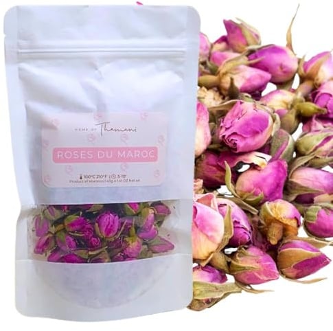 Infusion de Boutons de Roses du Maroc - de la Vallée des Roses - 100g - Sachet Élégant - Éthique et Polyvalent pour Thé, Infusions et Recettes Culinaires - Home of Thamani (100 g)