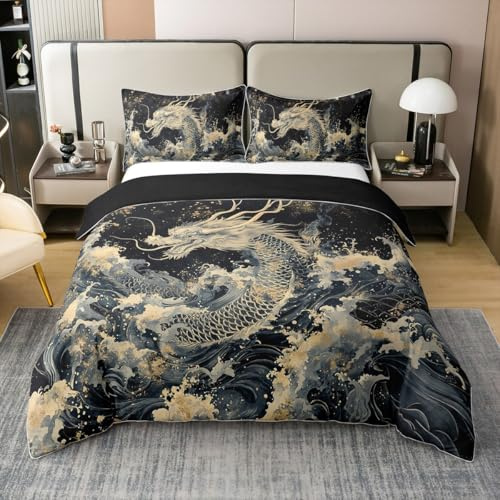 Homewish Drache Baumwolle Bettbezug 155x220 Kinder Jungen Teenager | Japanischer Stil Drache Bettwäsche Set Traditinal Tier Dekorative Asiatischer Ozean Thema 3D Drucken Bett Set