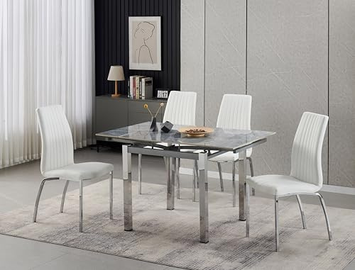Furnizone UK Piccolo Grey Sintered Stone Extending Dining Table with 4 Modalux Faux Leather Chairs Dining Set (White)