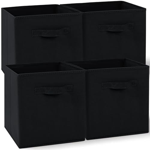 Amazing Tour Cube Storage Boxes, Foldable with Handles, 4 Pack | 27x27x27cm, Black Fabric, Collapsible for Home Office Nursery, Clothes Basket Organizer, Lightweight & Stackable