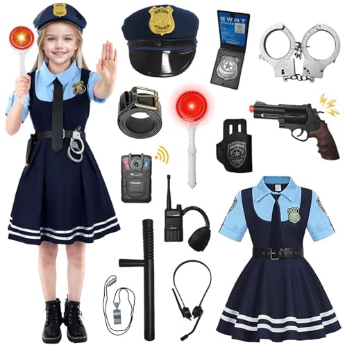 YushengTai Polizei Kostüm Kinder Mädchen 14-teilig, Polizistin Set mit Polizeimütze Handschellen Halfter Trillerpfeife, Polizei Spielzeug für Mädchen Halloween Spielzeug Kinder Karneval Cosplay