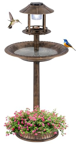 COSTWAY Mangiatoia Decorativa per Uccelli, Casetta per Uccellini da Esterno con Base per Fioriera, Lampada Solare, Decorazione Vintage da Giardino e Cortile (Bronzo)