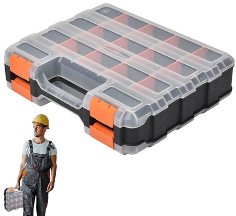 Organiseur de petites pièces, organiseur à vis, 32,6 x 27,6 x 8,9 cm, boîte double face à 34 compartiments, étui de rangement portable pour fixations, boulons, écrous, perles, artisanat, outils et