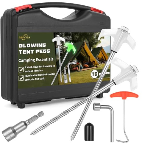 NPFVKSA Picchetti per tenda in metallo resistente, 16 pezzi, con viti luminose, ancoraggi a terra per campeggio, picchetti da tenda, con scatola di plastica, per campeggio e attività all'aperto