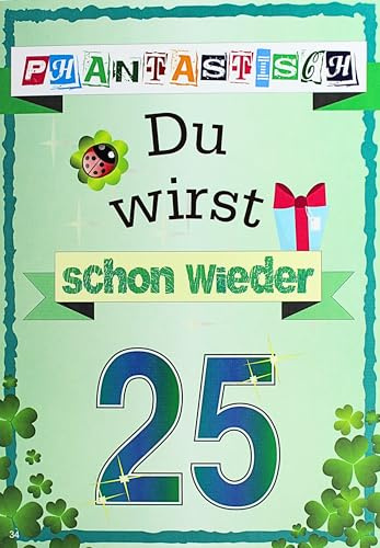 Grußkarte 25+ Geburtstag mit Umschlag du wirst schon wieder 25 phantastisch Klappkarte lustiges Motiv Zahl 25 mit Kleeblättern Glückskäfer Geschenk ideale Geburtstagskarte für Frauen Freunde Familie