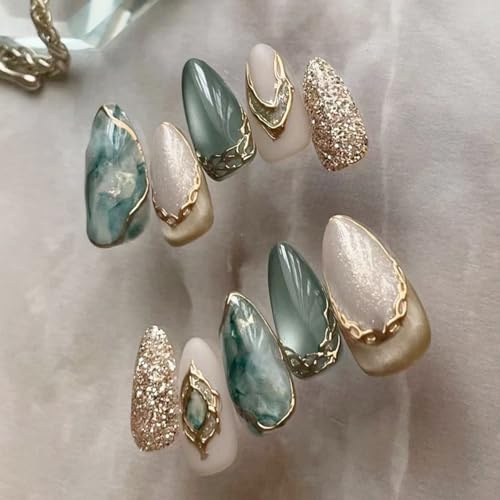Celblisora 24-Piece Green Artificial Fingernails, Short Almond Shape, Acrylic Nail Set, Artificial French Nails, Marble Texture, Gold-Plated Nail Design