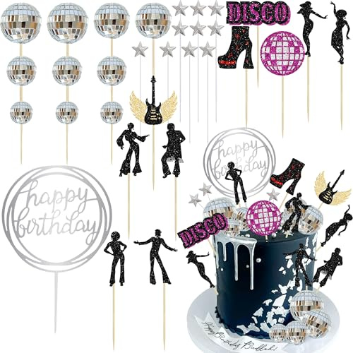 Ephlyn 31Pcs Disco Party Cake Decorations Disco Ball Happy Birthday Cake Toppers for Dancing Queen Birthday 70's Party DIY Cake Decorations Supplies
