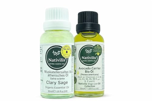 Nativilis® Bio-Öle Bundle – Muskatellersalbei Ätherisches Öl & Avocado Carrier Öl – 100% Bio, Haut-, Haar- & Aromapflege