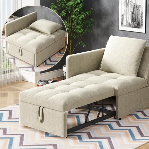 OPODEE Schlafsofa 3 in 1 Multifunktions-Sofa Bett aus Leinen, Ausziehbares Klappsofa mit 5-Fach Verstellbarer Rückenlehne, Platzsparendes Einzelbett für Wohnzimmer & Büro, Beige,177x65 cm