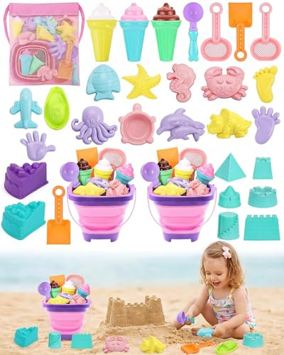Hingue 31 Stück Sandspielzeug Strandspielzeug Kinder, Sandkasten Spielzeug Strandspielzeug Kinder mit Faltbares Eimer, Netzbeutel Strand für Strand, Garten, Geburtstagsgeschenk für Mädchen Junge