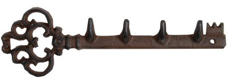 Esschert Design Garderobenleiste, Hakenleiste Motiv Schlüssel mit 4 Haken aus Gusseisen, ca. 29 cm x 2,5 cm x 9,4 cm