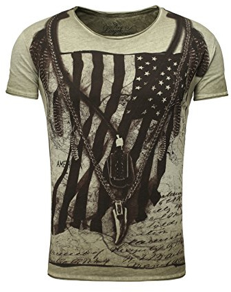 Key Largo Herren T-Shirt RACERBLADE Flaggenmotiv Printshirt Frontprint Vintage Look verwaschen Slim Fit Schnitt USA Amerika Rundhalsausschnitt grün M