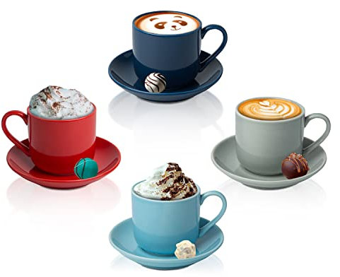 4oz. Espresso Cups Set of 4 with Matching Saucers - Premium Ceramic, 8 Piece Gift Box Demitasse Set - Red, Blue & Grey – Italian Caffè Mugs, Turkish Coffee Cup – Lungo Shots, Dopio Double Shot
