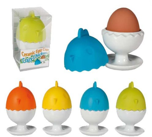 Perfect present gift. Yellow Crazy Chicken Ceramic Egg Cup with Silicone Lid. The prefect kitchen accessory