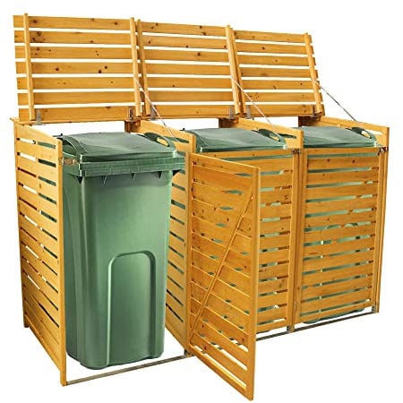 Cache Poubelle Triple en Bois à Portes Verrouillables, Abris Poubelles de Jardin pour Entreposage de 3 Bacs Poubelles Standard de 240 litres - 120cm x 198cm x 81cm