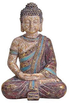 meindekoartikel XXL Buddha Deko-Figur aus Poly – bunt/Gold mit Glitter B25xH38xT19cm - asiatische Skulptur für Wohnzimmer Garten Yoga Raum Meditation Zen Dekoration spirituell Wohnaccessoire