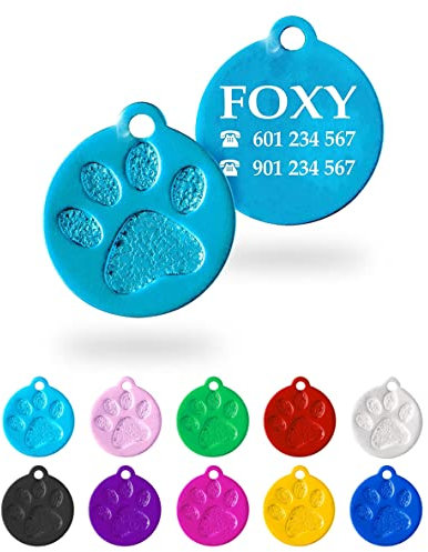 Ibera Gifts - Chapa Perro Grabada en Forma Redonda con Huella, Placa Perro Personalizada para Perros y Gatos Pequeños a Medianos, Tamaño 26 x 23 mm, Chapa Identificativa Perro y Gato (Azul claro)