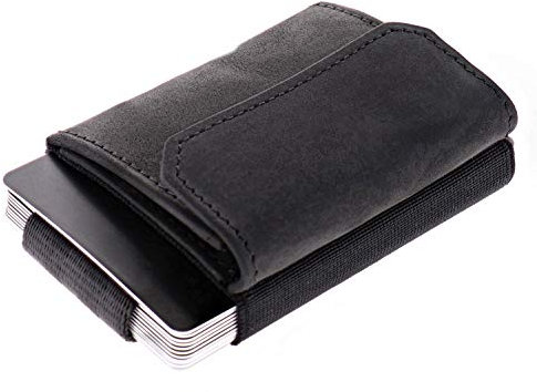 Jaimie Jacobs Minimalist Wallet Nano Boy Pocket Mini Geldbörse aus Textil mit Zugband schmaler Kartenhalter für Herren und Damen (Büffelleder Schwarz)