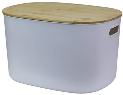 Muddy Hands Plastic Storage Box with Bamboo Lid Home Kitchen Bedroom Bathroom Office Stackable Lidded Basket Container (2, 5 Litre White)