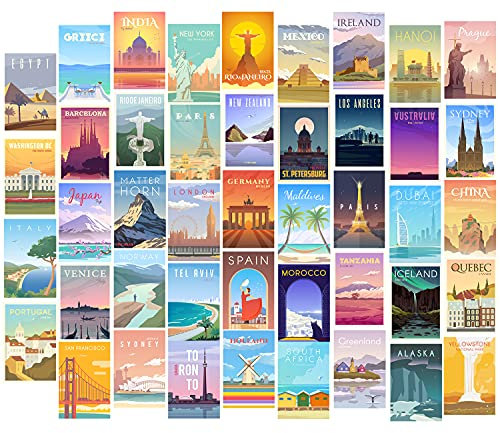 HerZii Prints Vintage-Reise-Poster Collage-Set für Wand - 44-teilig, 10,2 x 15,2 cm - Trendige Städte Wanddekoration - Retro-Poster
