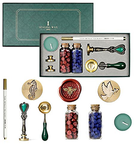 Joyeee Wachs Siegel Stempel Kit, mit Schmelzlöffel, Holzgriff-Siegel, Wachssiegelperlen, Geschenkbox, Custom Wax Seal Stamp Kit for Briefen, Einladungskarte, DIY Hochzeit Einladung Karten #50