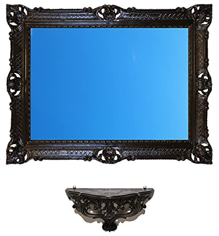 Ensemble mural console + grand miroir 86 x 67 cm en style baroque imitation vintage shabby chic plusieurs couleurs (noir)