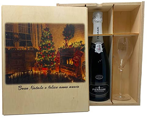 Elegante Cofanetto in legno, Personalizzabile sia con foto che con testo, contenente 1 bottiglia di Champagne o Spumante + 2 Flûte, Ottima ed Esclusiva idea regalo (Ferrari Perlè Bianco)