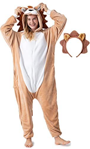 corimori Flauschiges Löwen-Kostüm für Erwachsene mit Haarreif | Karneval Kostüm Onesie für Damen, Herren | Körpergröße 180-190cm