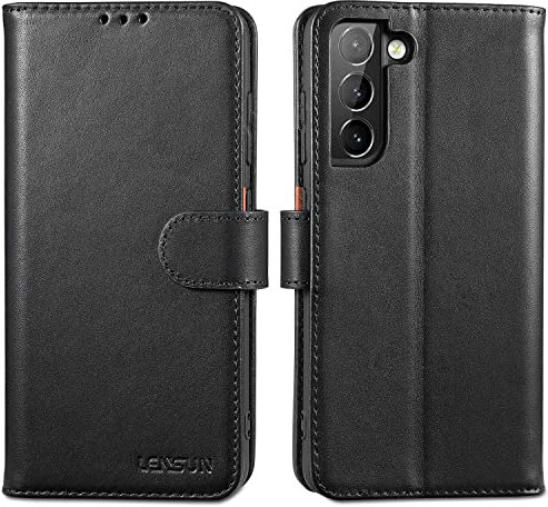 LENSUN Echtleder Hülle für Samsung Galaxy S21 FE, Handyhülle [Echtes Leder] [Magnetverschluss] [RFID Schutz] Handytasche Lederhülle für Galaxy S21 FE 5G - Schwarz
