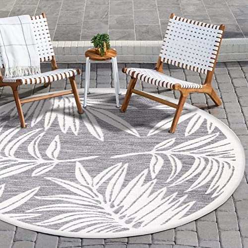 payé Outdoor Teppich Rund - 160x160cm - Wetterfest - Grau Weiß - Pflanzen Muster - Teppiche für Terrasse Balkon Garten Indoor