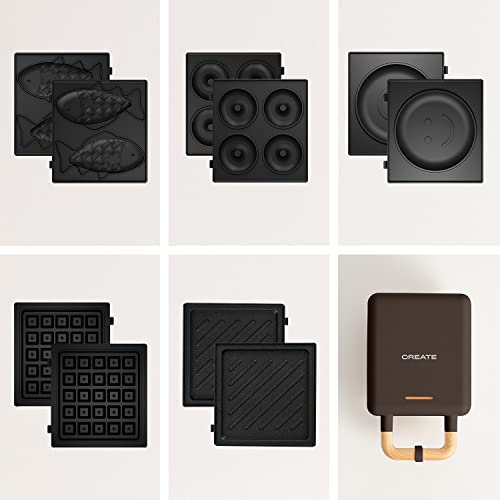 CREATE/STONE STUDIO/Sandwichmaker mit 5 austauschbaren Platten in Schwarz/Sandwich-Grill, Waffel, Taiyaki, Pfannkuchen und Donuts, Antihaftbeschichtung, 100° Öffnung, 600W