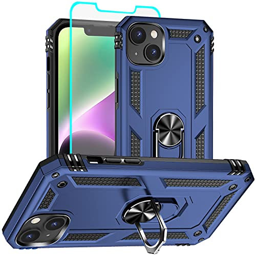 Aozuoton for iPhone 14 Case with HD Screen Protector, Military Grade 16ft. Drop Tested Ring Shockproof Protective Phone Case, Blue