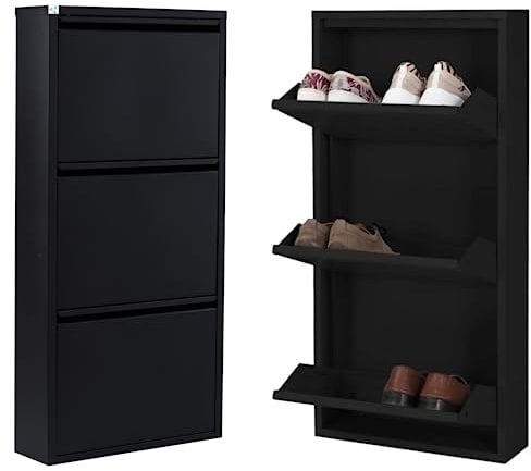 3FlexHome Modern Slim Metal Shoe Cabinet for Hallway, Bedroom - 3 Tier Indoor Outdoor (Black, 104x50x15 cm)
