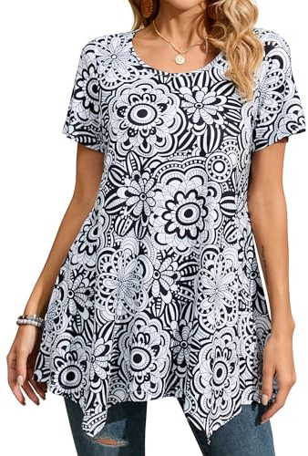 Enmain Womens Tunic Top Summer Short Sleeve Tops for Women UK Plus Size Round Neck Ladies Tunics for Leggings White Swing T-Shirt Casual Elegant Dressy Blouse Loose T Shirt 2XL