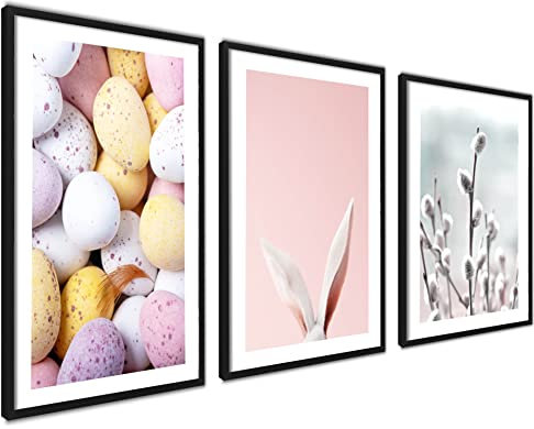 ag.art deco Ostern Poster Set | 3 Stück 30x40cm | Osterdeko Pastell Poster Hasen Eier Blumen | ohne Rahmen