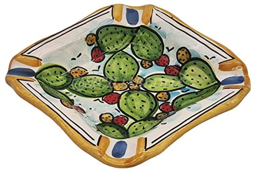 Sicilia Bedda - POSACENERE IN CERAMICA di Caltagirone - Vari Modelli e Dimensioni - Prodotto 100% Artigianale (Decoro Ficodindia)