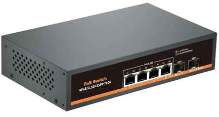Davuaz 2.5G Unmanaged PoE Switch mit 4 x 2.5G Base-T Ports und 2 x 10G SFP Uplink Port, kompatibel mit 100/1000/2500Mbps, Fanlesss Design, Plug & Play, 2.5Gb Power Over Ethernet Switch
