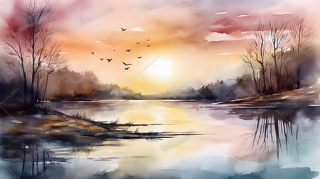 adrium Acryl-Bild 70 x 40 cm: Sonnenuntergang über dem See mit Vögeln. Aquarellmalerei. Digitale Illustration. (203194504)