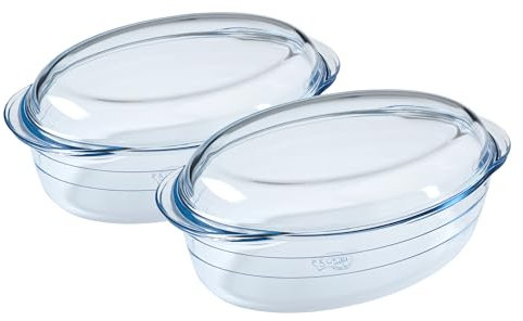 Ôcuisine® Large Rectangular Casserole Glass Dishes with Handles Oven Safe Borosilicate Glass Made in France (Oval Casserole Set of 2 (4.1LT))