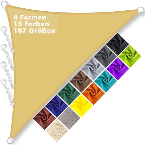 Sonnensegel Dreieckig Wasserdicht im Viele Größe und Farben 1.6x1.6x2.3m, PES Polyester, Sonnenschutz 95% UV Schutz, Reißfest Wetterfest für Terrasse Garten Balkon- Beige