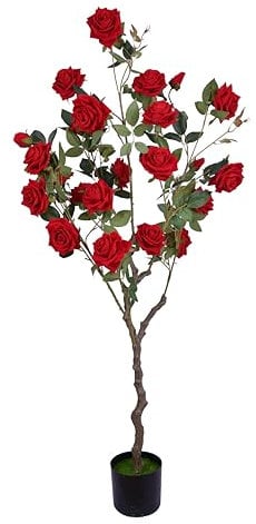 Red Artificial Rose Tree 4.5ft,Realistic Potted Silk Faux Flowers Tree Plant Indoor Outdoor for Wedding Home Office Living Room Decor.(Red,1.4m)