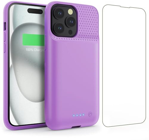 Feob Coque Batterie pour iPhone 15 Pro【Charge Rapide 15W & Puissant 7500mAh】 Coque Rechargeable Batterie Externe Chargeur Portable Coques d'alimentation pour iPhone 15 Pro (6,1 Pouces) - Violet